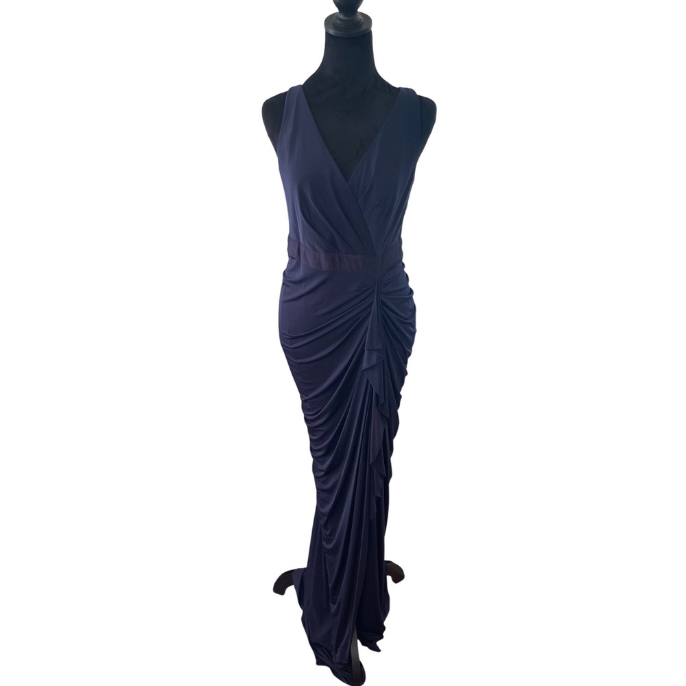 Adrianna Papell Navy Blue Ruched V-Neck Faux Wrap Evening Prom Classic Gown ‎ 8